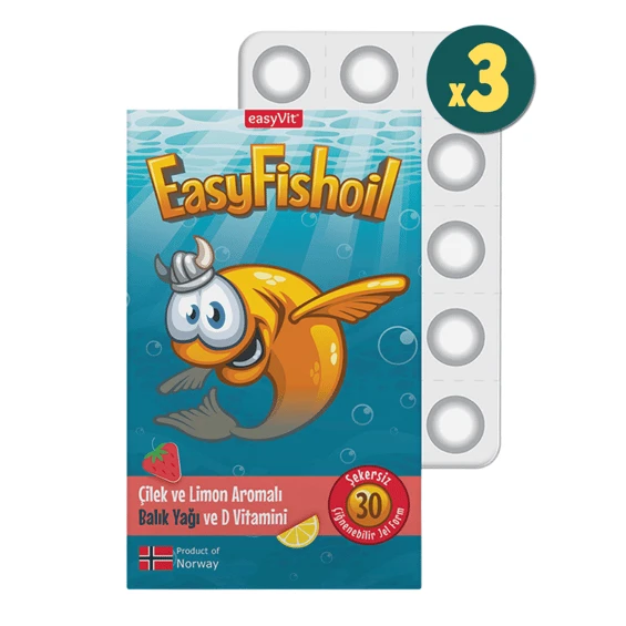 EasyFishoil Çocuk Çilek ve Limon Aromalı 30 Çiğneme Tableti 3 Adet