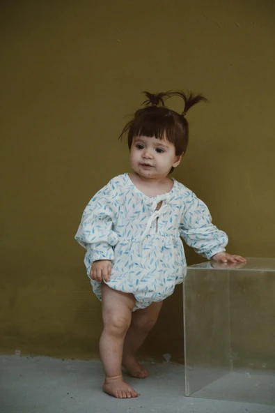 Mavi Çiçek Baskılı Bebek Uzun Kollu Tulum - 8