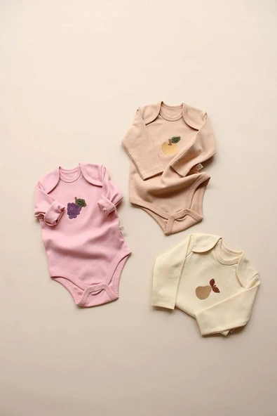 3lü Nakışlı Çıt Çıtlı Uzun Kollu Body Zıbın Set Model 6 - 6