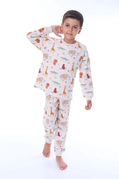 Animaux Desenli %100 Pamuk Unisex Çocuk Pijama Takımı