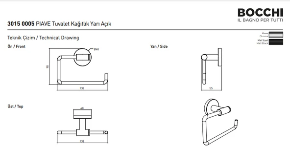 Bocchi Piave Tuvalet Kağıtlık Yarı Açık Mat Siyah 3015-0005-AB - Resim 2