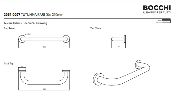 Bocchi Tutunma Barı Düz 350 Mm Krom 3051-0007 - 2