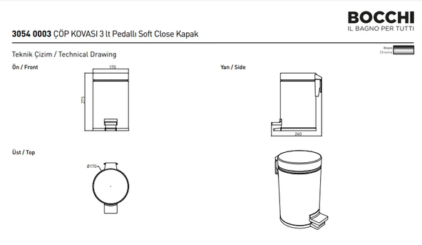 Bocchi Çöp Kovası Pedallı Soft Close 3 Litre Krom 3054-0003 - 2