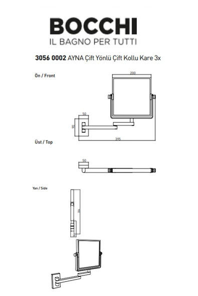 Bocchi Ayna Çift Yönlü Çift Kollu Kare 3X Krom 3056-0002 - 2