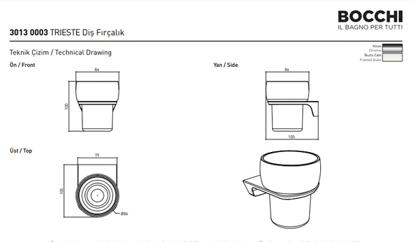 Bocchi Trieste Diş Fırçalık Krom 3013-0003 - Resim 2