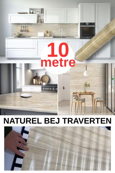 67cm x 10 Metre 1 Adet Yapışkanlı Rulo Bej Traverten Desenli Mutfak Duvar Kaplama Folyosu Kağıdı