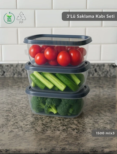 3'lü Saklama Kabı Seti Kare Erzak Kabı Bpa Free Derin Dondurucu için Uygun 1500 ml