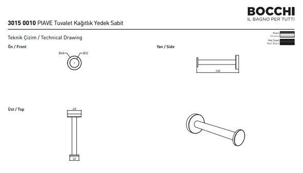 Bocchi Piave Tuvalet Kağıtlık Yedek Sabit Krom 3015-0010 - 2