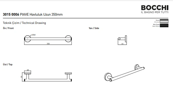 Bocchi Piave Havluluk Uzun 35 cm Krom 3015-0006 - Resim 2