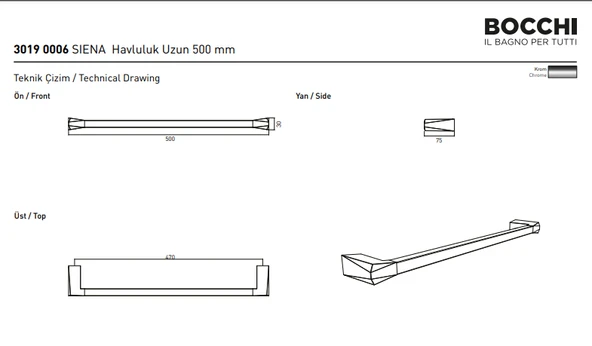 Bocchi Siena Havluluk Uzun 50 cm Krom 3019-0006 - 2