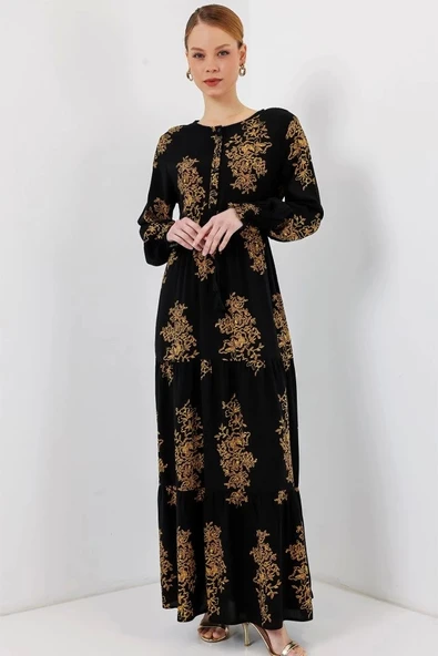 2145 Desenli Tesettür Elbise - C.Siyah - 2