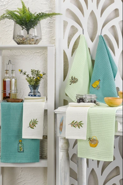 %100 Pamuk 6'lı Nakışlı Mutfak Havlusu  Kurulama Bezi 40X60 Zeytin