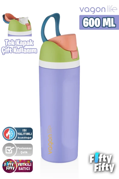 Vagonlife 600 ML Tek Kapak Çift Kullanım Pipetli/Pipetsiz Taşıma Kulplu Çelik Termos -FFVGN0443R600ML - 7