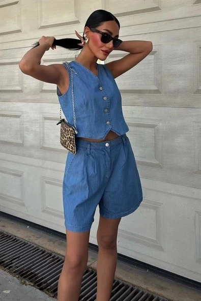 Gümüş Düğmeli Yelek Ve Şort Tensel Takım 10174 - 3