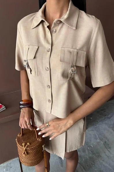 Gömlek Şort Etek Viscon Keten Takım 10162 - 3