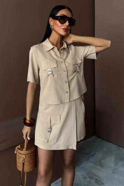 Gömlek Şort Etek Viscon Keten Takım 10162 - 2