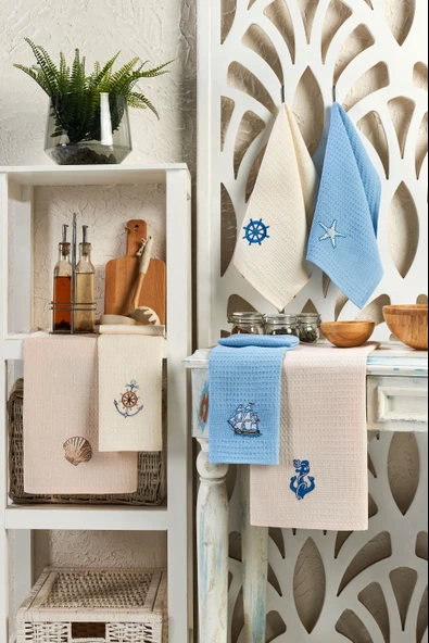 %100 Pamuk 6'lı Nakışlı Mutfak Havlusu  Kurulama Bezi 40X60 Deniz