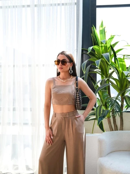 Keten Gi̇peli̇ Crop Ve Pantolon İki̇li̇ Takim - 3