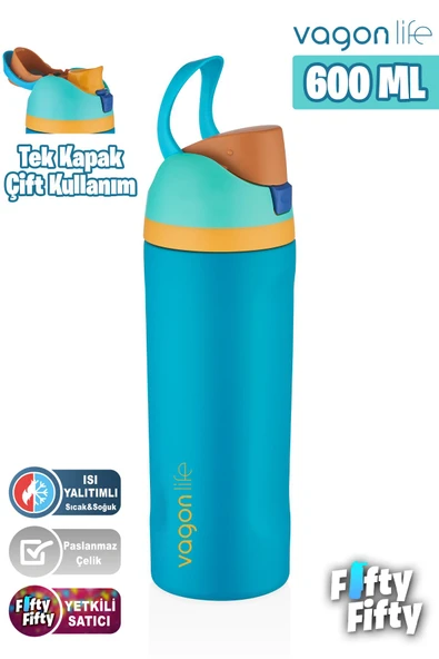 Vagonlife 600 ML Tek Kapak Çift Kullanım Pipetli/Pipetsiz Taşıma Kulplu Çelik Termos -FFVGN0443R600ML