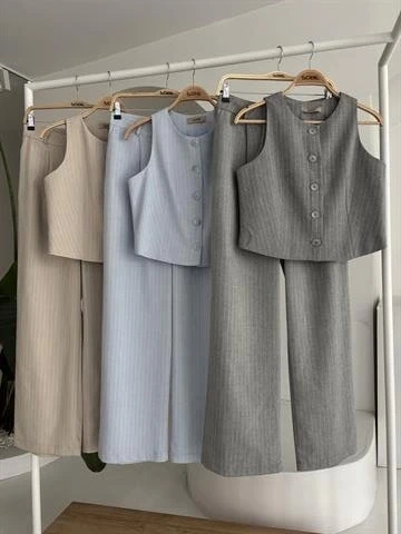 Yelek Plazzo Pantolon Çizgili Flamlı Poliviscon Takım 10178 - 11