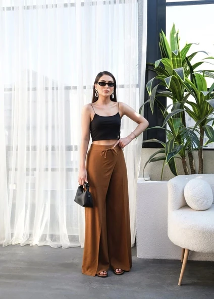 Keten Önü Çapraz Parçali Lasti̇kli̇ Ve Bağcikli Geni̇ş Paça Pantolon - 4