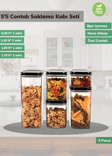 5’li Saklama Kabı Seti BPA Free Sızdırmaz Erzak Kabı Hava Almaz Bakliyat Kutusu