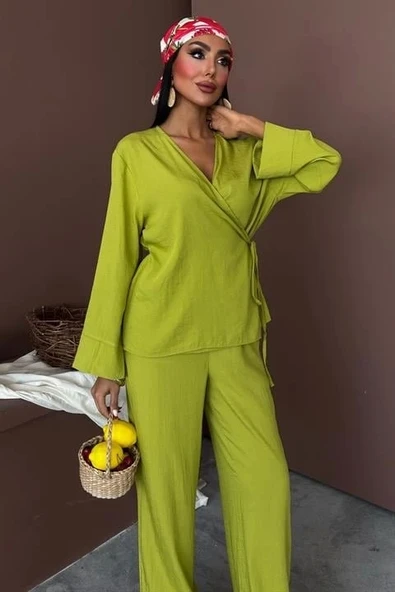 Kruvaze Model Klasik Pantolonlu Çupra Keten Takım 10191 - 3