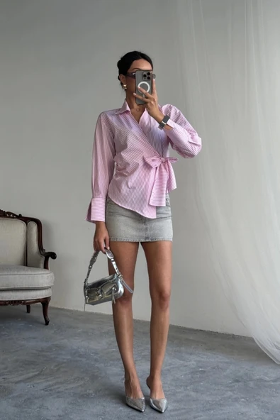 ÇİZGİLİ POPLİN KRUVAZE BAĞLAMALI GÖMLEK - Pembe - Resim 3