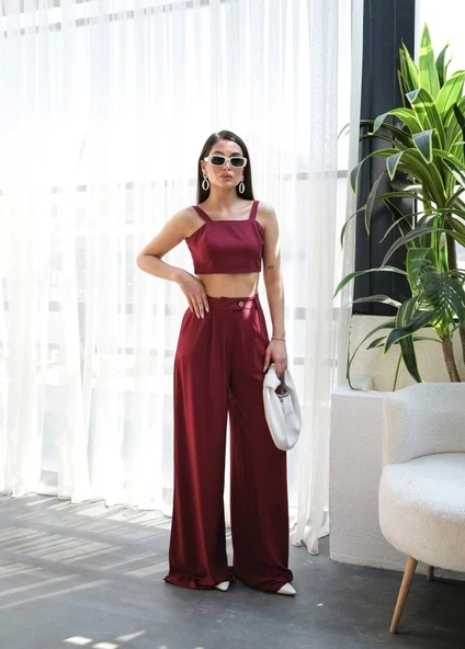 Keten Gi̇peli̇ Crop Ve Pantolon İki̇li̇ Takim