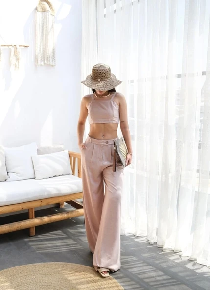 Keten Gi̇peli̇ Crop Ve Pantolon İki̇li̇ Takim