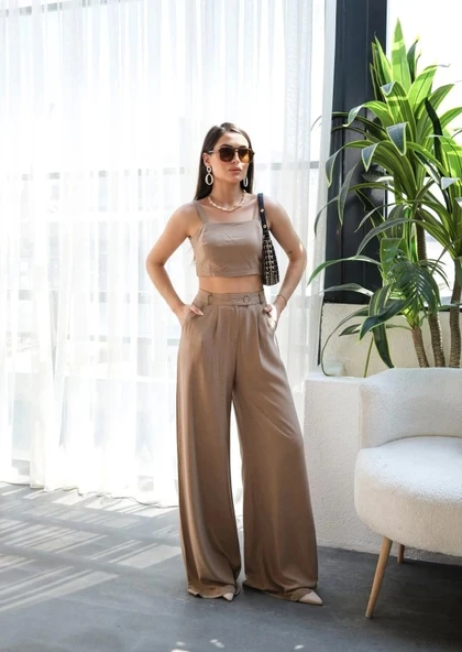Keten Gi̇peli̇ Crop Ve Pantolon İki̇li̇ Takim