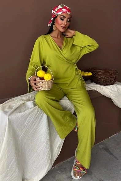 Kruvaze Model Klasik Pantolonlu Çupra Keten Takım 10191 - 5