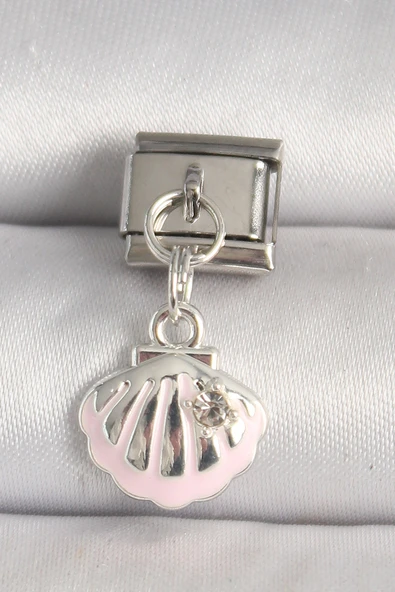 316L Çelik Gümüş Renk Pembe Deniz Kabuğu Model Zirkon Taş Detay Nomination Charm - TJ-BC1257