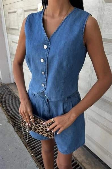 Gümüş Düğmeli Yelek Ve Şort Tensel Takım 10174 - 8