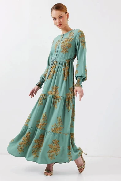2145 Desenli Tesettür Elbise - Mint