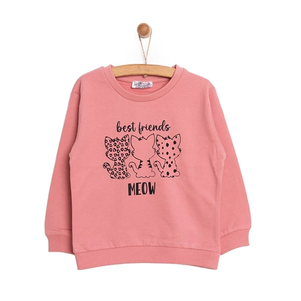 Kız Bebek Sweatshirt Şardonlu Kedi Desenli Bisiklet Yaka Uzun Kol Gül Kurusu