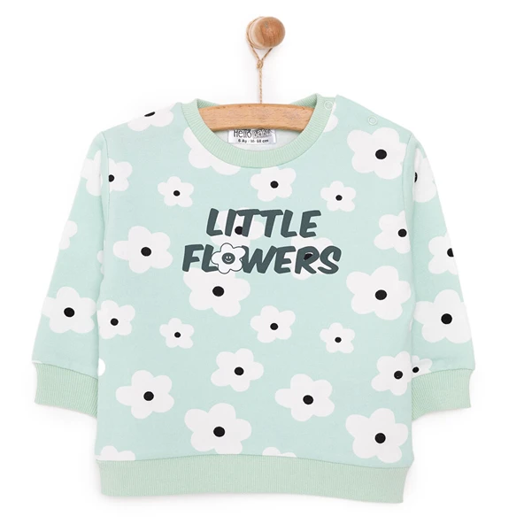 Kız Bebek Sweatshirt Şardonlu Yazılı Papatya Desenli Çıtçıtlı Bisiklet Yaka Uzun Kol