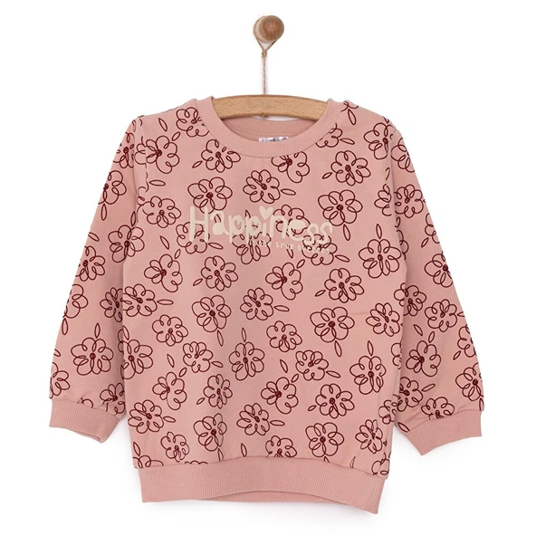 Kız Bebek Sweatshirt Şardonlu Çiçek Desenli Bisiklet Yaka Uzun Kol Desenli