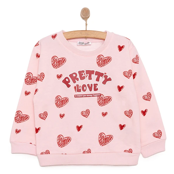 Kız Bebek Basic Az Şardonlu Kalp Desenli Sweatshirt Bisiklet Yaka Uzun Kol