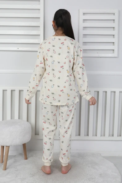 Minimal Çiçek Detaylı Mavi Kız Çocuk Pijama Takımı - 5