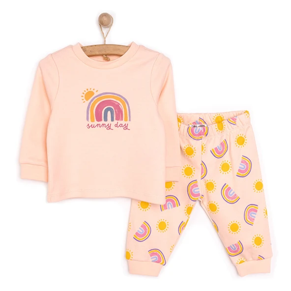 Bisiklet Yaka Gökkuşağı Desen Kız Bebek Pijama Takımı