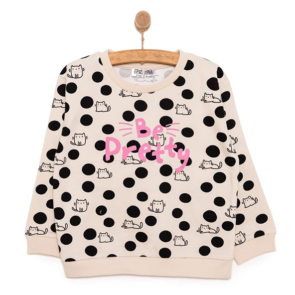 Basic Az Şardonlu Kedi Desenli Puantiyeli Sweatshirt Kız Bebek Bisiklet Yaka Uzun Kol