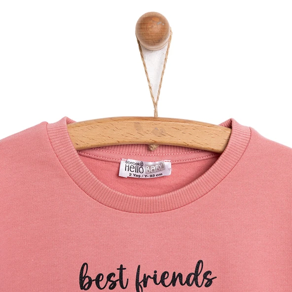 Kız Bebek Sweatshirt Şardonlu Kedi Desenli Bisiklet Yaka Uzun Kol Gül Kurusu - 3