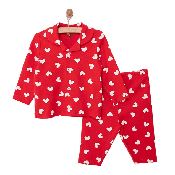 Gömlek Yaka Mini Kalp Desenli Kız Bebek Pijama Takımı