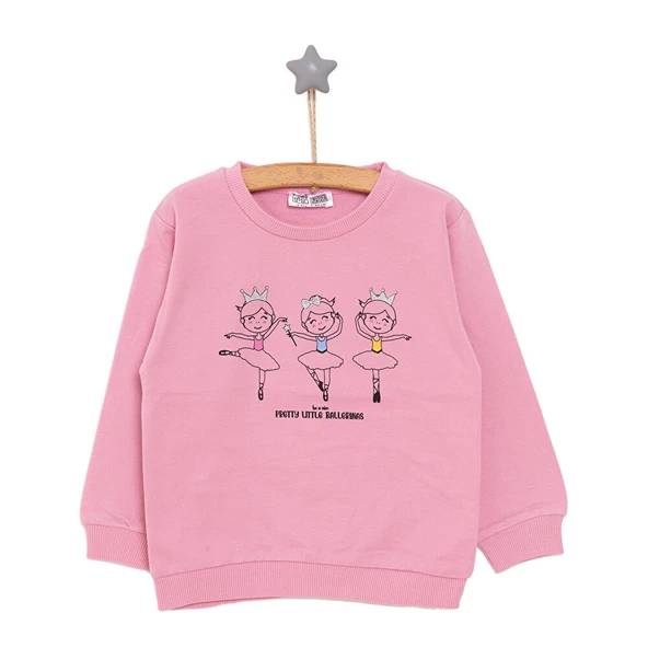 Kız Bebek Sweatshirt Şardonlu Balerin Desenli Bisiklet Yaka Uzun Kol Pembe