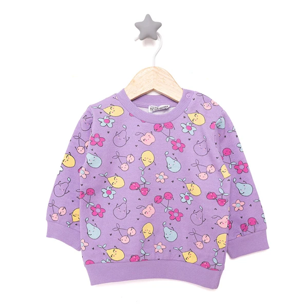 Kız Bebek Sweatshirt Şardonlu Meyve Desenli Çıtçıtlı Bisiklet Yaka Uzun Kol