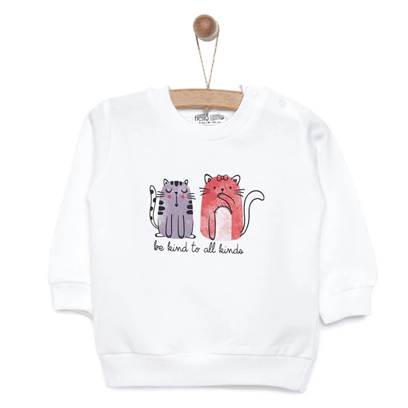 Kız Bebek Sweatshirt Şardonlu Kedi Desenli Bisiklet Yaka Uzun Kol Ekru