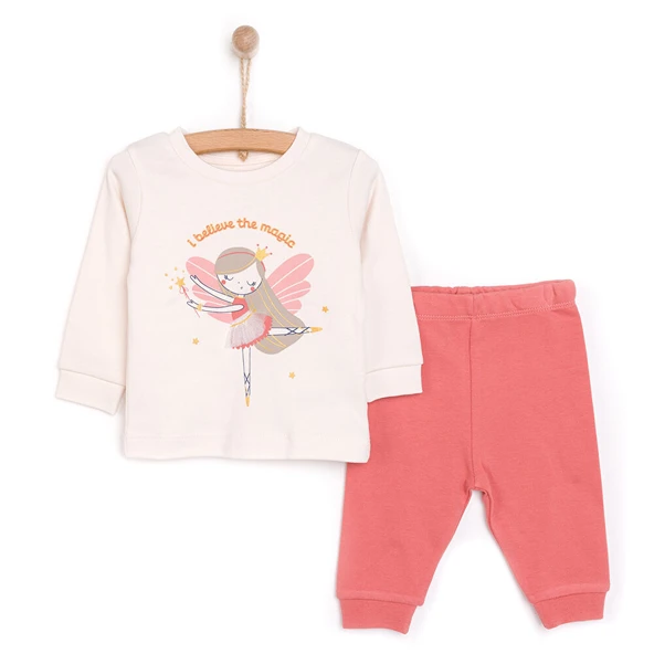 Kız Bebek Pijama Takım İnterlok Balerin Desen Bisiklet Yaka Uzun Kol Ekru