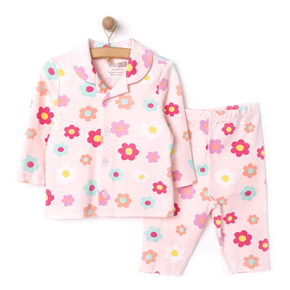 Gömlek Yaka Çiçek Desenli Kız Bebek Pijama Takımı