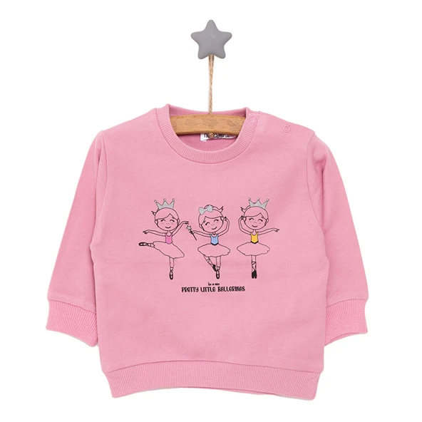 Kız Bebek Sweatshirt Şardonlu Balerin Desenli Bisiklet Yaka Uzun Kol Pembe - 2